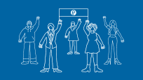 drawing of 5 people with their fists up and holding a PIPSC sign