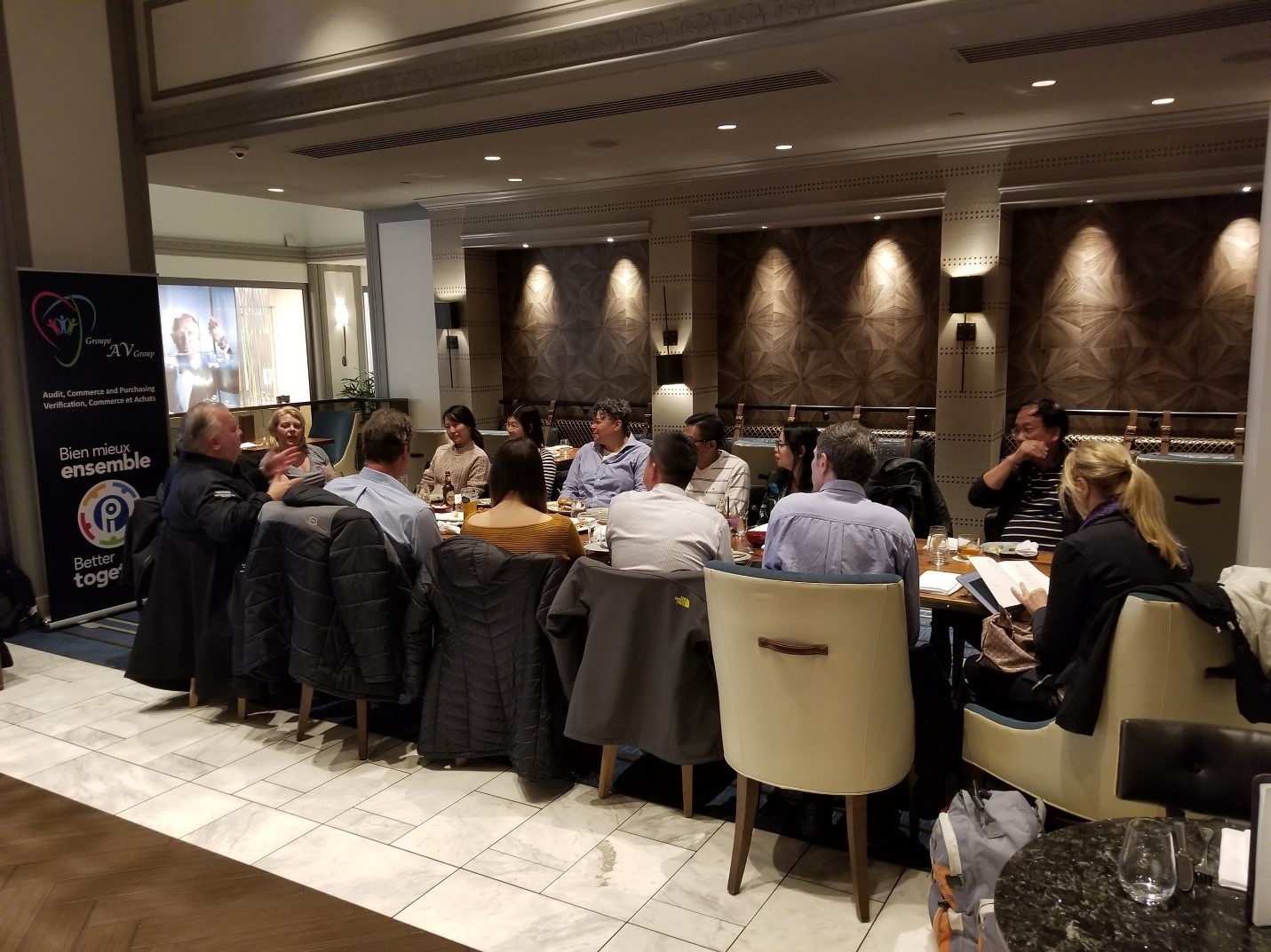 Peter Gabriel and Andree Doucet (both on the far-left side of the photo) with Vancouver Subgroup members discussing bargaining issues with members.