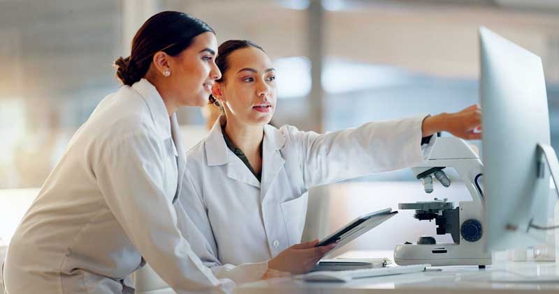 Two scientists pointing at a microscope