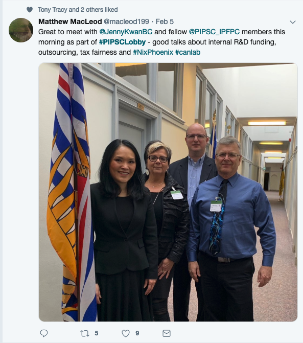 Great to meet with ⁦@JennyKwanBC⁩ and fellow ⁦@PIPSC_IPFPC⁩ members this morning as part of #PIPSCLobby - good talks about internal R&D funding, outsourcing, tax fairness and #NixPhoenix #canlab