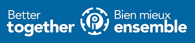 Better Together Logo - White text and blue background - Horizontal - Bilingual (English first)