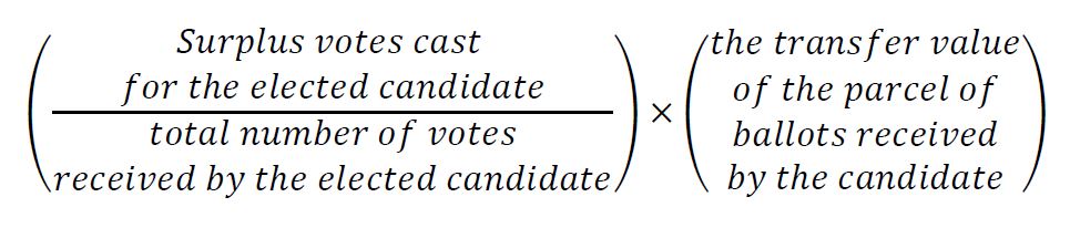 Surplus votes cast for the elected candidate divided by the total number of votes received by the elected candidate, result multiplied by the transfer value of the parcel of ballots received by the candidate