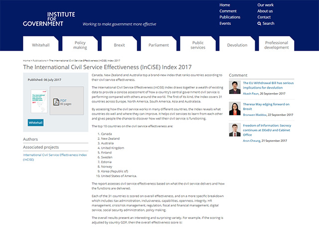 Capture d'écran du site web de l'Institute for Government