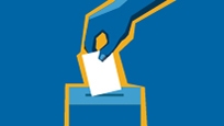 Une illustration d'une main plaçant un bulletin de vote dans une urne
